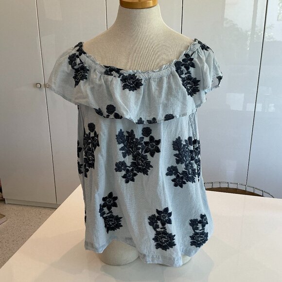 J. Jill, Ruffle Embroidered Scarf Searsucker Blouse, Size XL - Picture 1 of 5